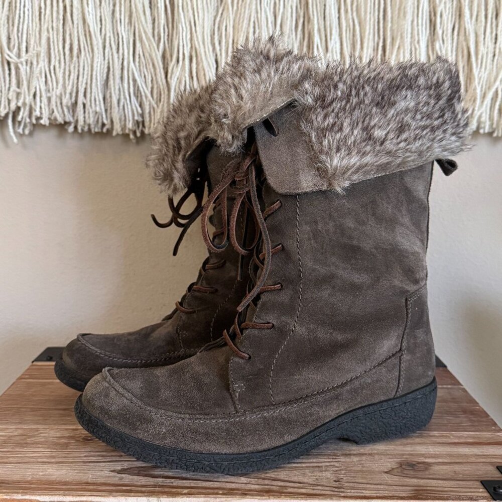 Sam Edelman Mateo Brown Suede Leather Faux Fur Lace Up Tall Boho Boots Size 8.5